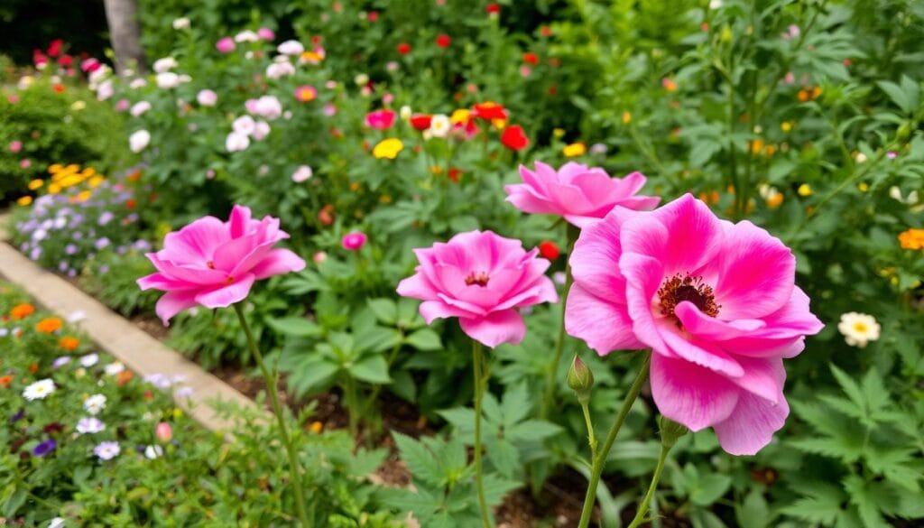 Low-maintenance rose campion in a garden